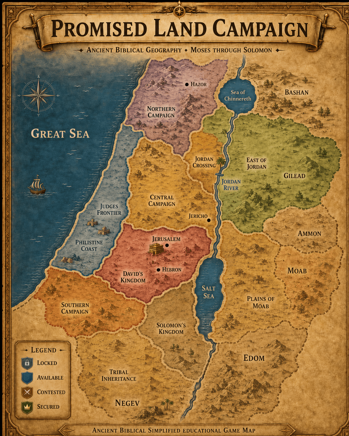 Stylized ancient biblical campaign map showing nine regions from Moses through Solomon